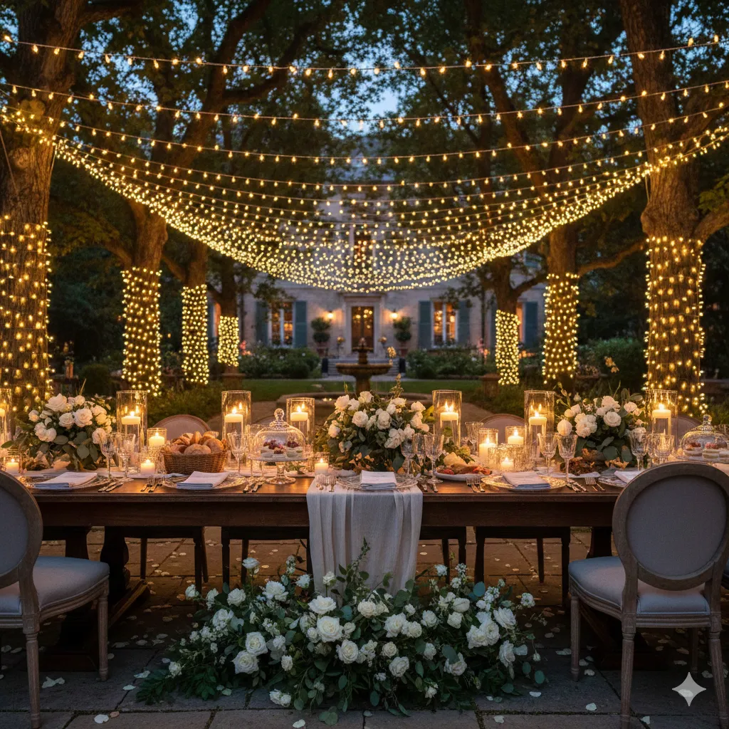 Elegant outdoor party setup with string lights and festive table arrangement