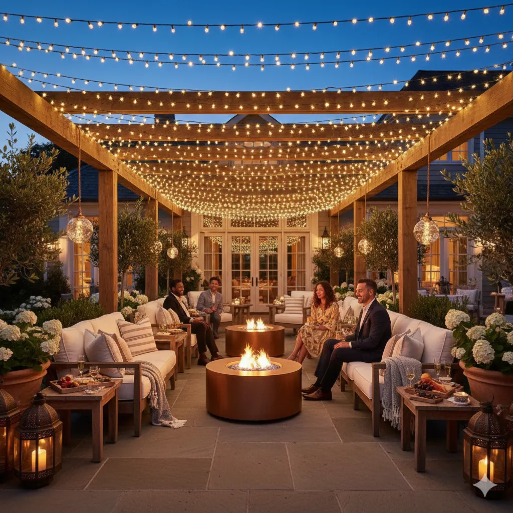 Beautiful patio celebration with decorative lighting and comfortable seating