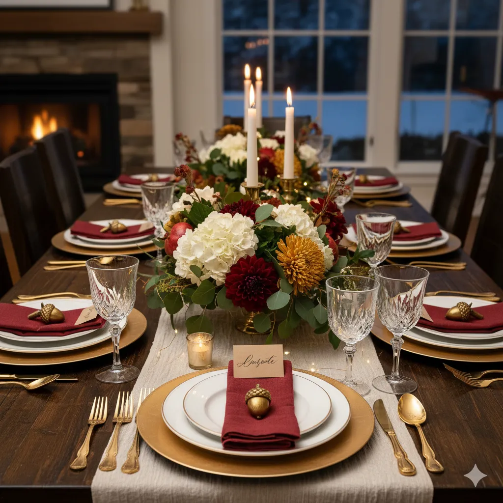 Festive tablescape with elegant place settings and seasonal decorations