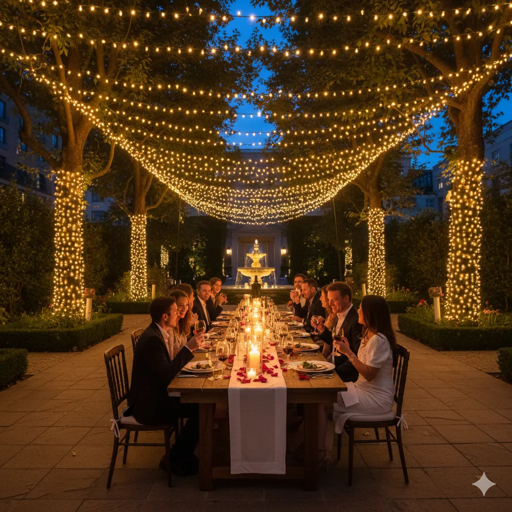 Beautiful string lights creating warm ambiance at outdoor evening celebration
